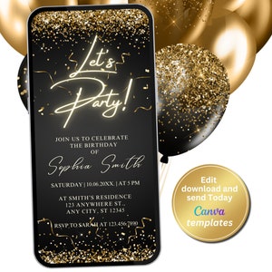 Digital Black Gold Birthday Party Invitation, Gold Glitter, Electronic Phone Text Message Evite, Editable Template, Instant Download