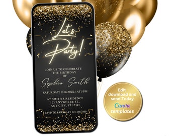Digital Black Gold Birthday Party Invitation, Gold Glitter, Electronic Phone Text Message Evite, Editable Template, Instant Download