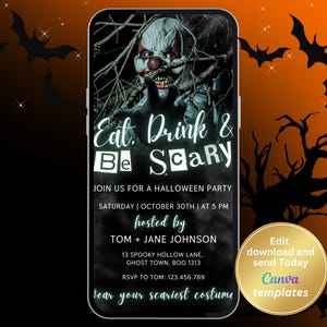 Digital Eat, Drink & Be Scary Halloween Party Invitation - Costume Party Invite - Adult Halloween Invitation - Spooky Drinks Party Invite