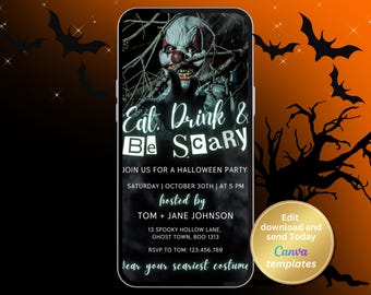 Puede incluir: Una invitación digital para una fiesta de Halloween con una imagen de un payaso aterrador. La invitación dice "Eat Drink & Be Scary" e incluye los detalles de la fiesta: sábado 30 de octubre a las 5 PM, organizada por Tom + Jane Johnson, 13 Spooky Hollow Lane, Ghost Town, BOO 1313, RSVP a Tom: 123.456.789. La invitación también dice "Wear your scariest costume".