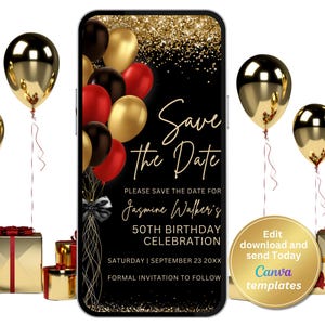 Może przedstawiać: Smartfon wyświetla czarne i złote zaproszenie urodzinowe z napisem "Save the Date". Złote balony i pudełka prezentowe z czerwonymi wstążkami otaczają telefon. Zaproszenie brzmi "50. Urodziny Jasmine Walker".
