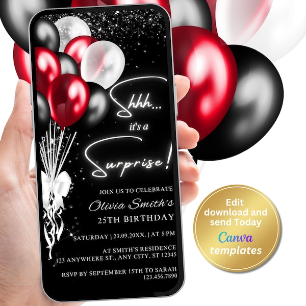 Digital Surprise Birthday Party Invitation, Black Red White Invitation, Editable Template, Evite, Instant Download, Phone Evite, E-Invite