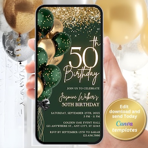 May include: A green and gold 50th birthday party invitation with a phone screen mockup. The invitation features a green and gold color scheme with balloons and confetti. The text on the invitation reads "50th Birthday" and includes details about the party, such as the date, time, and location. The invitation also includes a call to action to RSVP by a certain date.