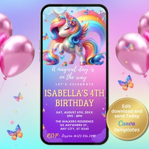 Digital Purple Unicorn Birthday Invite - Editable Girl's Unicorn Birthday Party Invitation - Editable Magical Invite - for Any Age