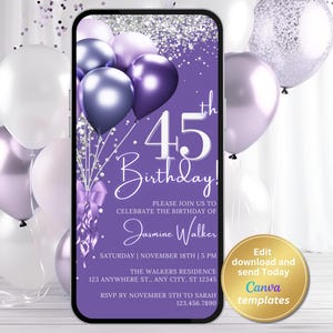 Editable 45th Birthday Invitation for Women, Purple Balloons with Silver Glitter, Violet Theme, Any Age Birthday Template, Instant Download