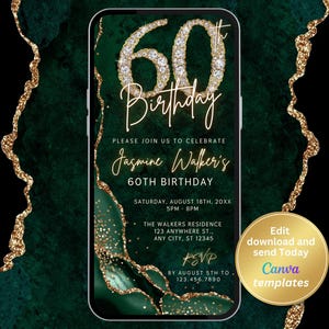 Digital Emerald & Gold Agate 60th Birthday Invitation, Stylish Women's 60th Birthday Party Invite, Self Editable Ecard, Instant Download