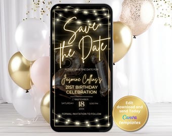 Black and Gold Save The Date 21st Birthday Invitation Template, Modern Evite, Digital Party Invite