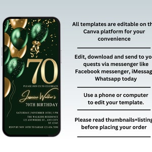 May include: A digital invitation for a 70th birthday party. The invitation features a green and gold color scheme with balloons and confetti. The text on the invitation reads "Please join us to celebrate Jasmine Walker's 70th Birthday. Saturday, November 18th, 5 PM. The Walkers Residence, 123 Anywhere St., Any City, ST 12345. RSVP by Nov 10th to Sarah 123.456.7890."