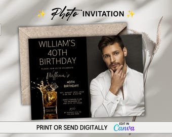 Whiskey 40th Birthday Invitation with Photo, Aged to Perfection Digital Printable Invite for Men, Black Gold Elegant Party Dinner Evite
