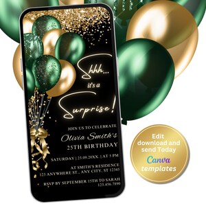 Digitale Überraschungs-Geburtstags-Party Einladung, smaragdgrün Gold Überraschung einladen, bearbeitbare Vorlage, Evite, Sofort-Download, Telefon Evite