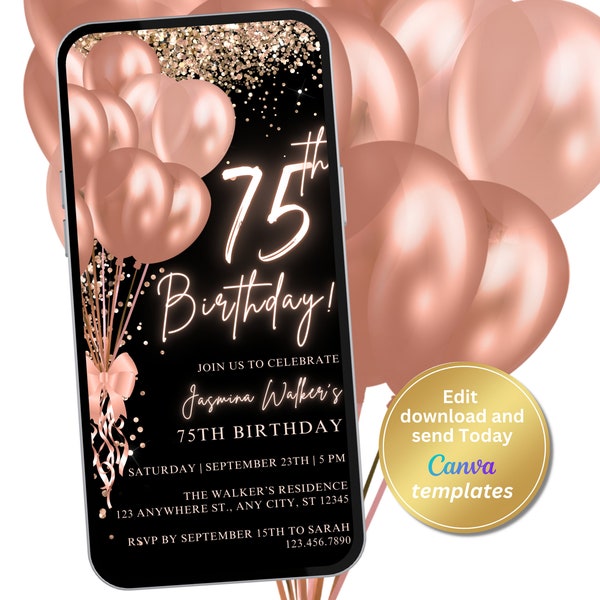 Digital 75th Birthday Party Invitation, Black Rose Gold, Phone Text Message Evite, Editable Template, Instant Download