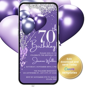 Text Message Evite for 70th Birthday Celebration - Purple Violet Balloons & Silver Glitter Design - Editable Digital Evite, Instant Download