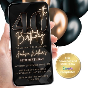40th Birthday Party Invitation, Black Gold Number Invite, For Men, Digital Invite, Editable Template, Instant Download