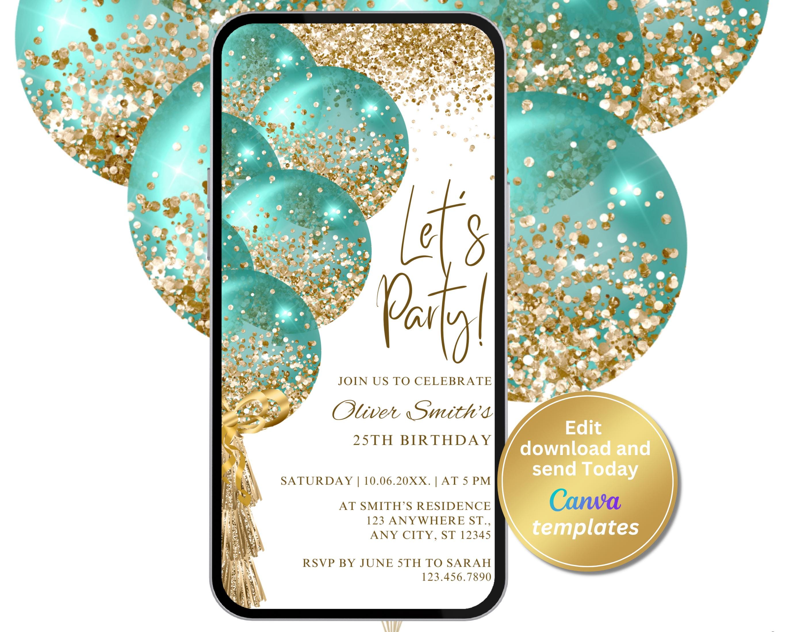 Digital White Turquoise Birthday Party Invitation, Turquoise Gold, Editable Template, Any Age, Evite, Instant Download, Phone Evite