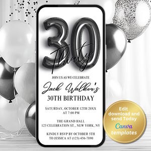 Minimalist 30th Birthday Party Invitation – Modern Black Foil Balloon Theme | Editable Digital Evite - 30th Party Invite - Instant Download