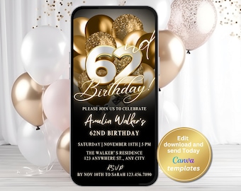 Convite elegante para aniversário de 62 anos em preto e dourado, modelo editável (download digital)