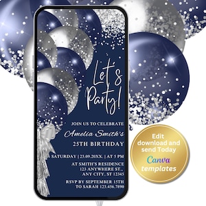 Digital Navy Blue Silver Birthday Party Invitation, Any Age, Electronic Phone Text Message Evite, Editable Template, Instant Download
