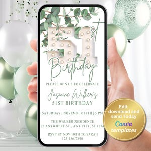 Editable 51st Birthday Invitation for Women, White Marquee Number, Modern Digital Phone Invite, Instant Download Template, Fifty-One Bday