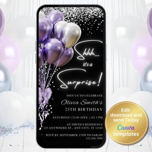 Surprise Birthday Invitation – Editable Digital Evite for Women – Black Purple Silver Glitter Balloons – Instant Download, Phone Template