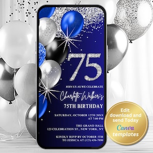 Puede incluir: Una invitación de cumpleaños azul y plateada con un fondo brillante y globos. La invitación dice "Únete a nosotros para celebrar el cumpleaños número 75 de Charlotte Walker".