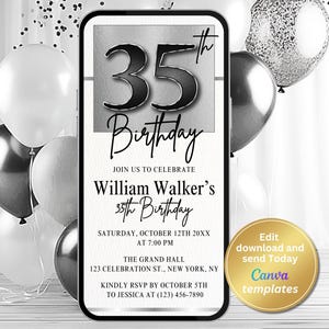 Digital 35th Birthday Party Invitation for Men, Minimalist Invite, 35th Invitation, Editable Template, Instant Download, Birthday Invite