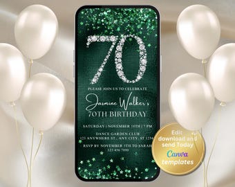 Modèle de fête numérique des années 70, design modifiable vert émeraude pour femme, téléchargement immédiat