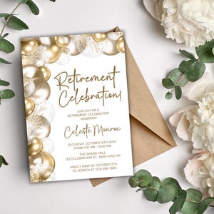 Convite para festa de aposentadoria – Convite em ouro branco – Modelo editável Canva – 5x7 para impressão ou mensagem de texto – Festa elegante