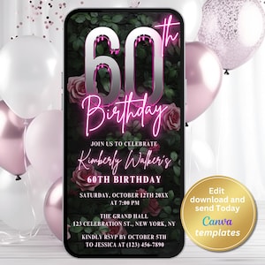 Digital 60th Birthday Party Invitation - 60th Evite - Invitation Template - Editable Template - Instant Download - Birthday Invite
