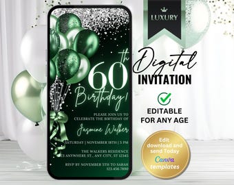 60th Birthday Invitation for Women – Emerald Green & Silver Glitter Digital Phone Invite – for Any Age – Birthday Dinner – Instant Download