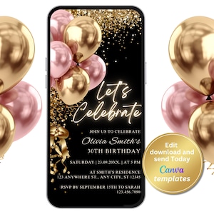 Digital Black Gold Birthday Party Invitation, Gold Pink, Phone Text Message Evite, Editable Template, Instant Download
