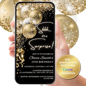 Invitación editable para fiesta sorpresa de cumpleaños en dorado y negro, globos con purpurina blanca y dorada, plantilla editable, Evite, descarga instantánea, Evite para teléfono