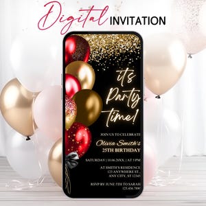Its Party Time Birthday Invitation, Red Gold Black Balloon Mobile Evite, Editable Any Age Digital Phone Text Message Template