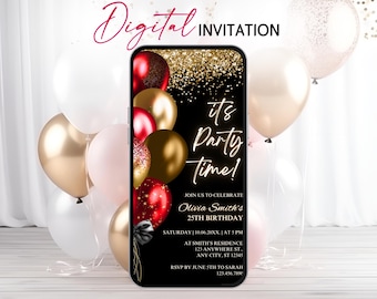 Its Party Time Birthday Invitation, Red Gold Black Balloon Mobile Evite, Editable Any Age Digital Phone Text Message Template