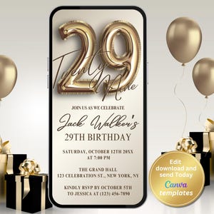 Minimalist Gold 29th Birthday Party Invitation – Digital Evite for Men & Women | Editable Invite for Dinner, Brunch, or Cocktail Party