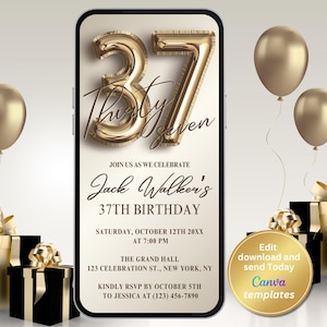 Minimalist 37th Birthday Invitation – Gold Foil Digital Evite for Men & Women | Editable 37th Party Invite – Brunch, Dinner, Cocktail Event
