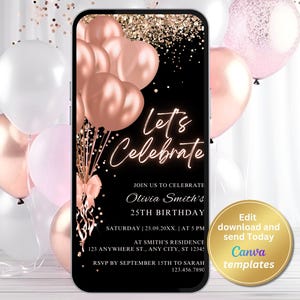 Digitale zwart roségouden verjaardagsuitnodiging, roségouden ballonnen, telefoontekstbericht Evite, bewerkbare sjabloon, Instant Download