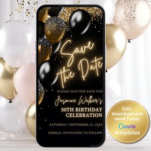 Könnte beinhalten: Schwarzer und goldener Save-the-Date-Bildschirm mit schwarzem Hintergrund und goldenem Glitzer. Der Text lautet "Save the Date" in goldener Schrift mit Neon-Glanz. Der Text darunter lautet "Bitte speichern Sie das Datum für Jasmine Walkers 50. Geburtstagsfeier. Samstag | 23. September 20XX. Formelle Einladung folgt."