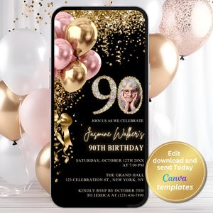 Pink and Gold 90th Birthday Invitation with Photo – Elegant Diamond Number Digital Invite – Glitter Balloons Editable Template