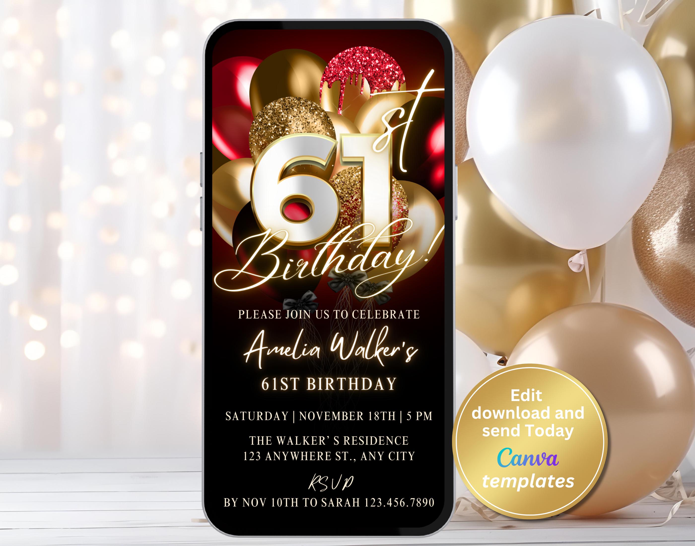 Digital 61st Birthday Party Invitation, Red Gold Invite, Editable