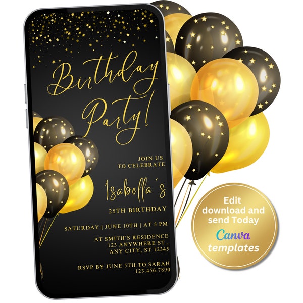 Digital Black Yellow Birthday Party Invitation, Mobile Phone Invitation, Editable Template, Any Age, Evite, Instant Download, Party Invite