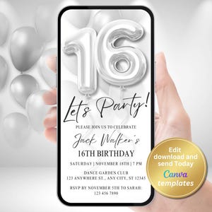 Modern Minimalist Silver White 16th Birthday Invitation - Editable Digital Template for Teen boy and Girl - Instant Download