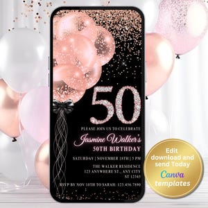 Digital 50th Birthday Party Invitation for Women, Rose Gold Invite, Phone Text Message, Digital Invite, Editable Template, Instant Download