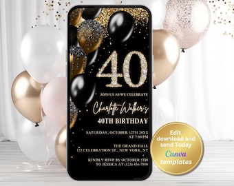 Invitación digital para 40 cumpleaños, diseño negro y dorado, plantilla editable, descarga instantánea