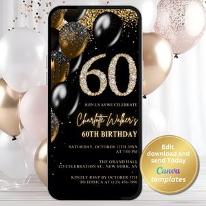 Elegant 60th Birthday Invitation – Digital Black Gold Party Invite, Milestone Birthday Evite, Editable Invitation, Instant Download