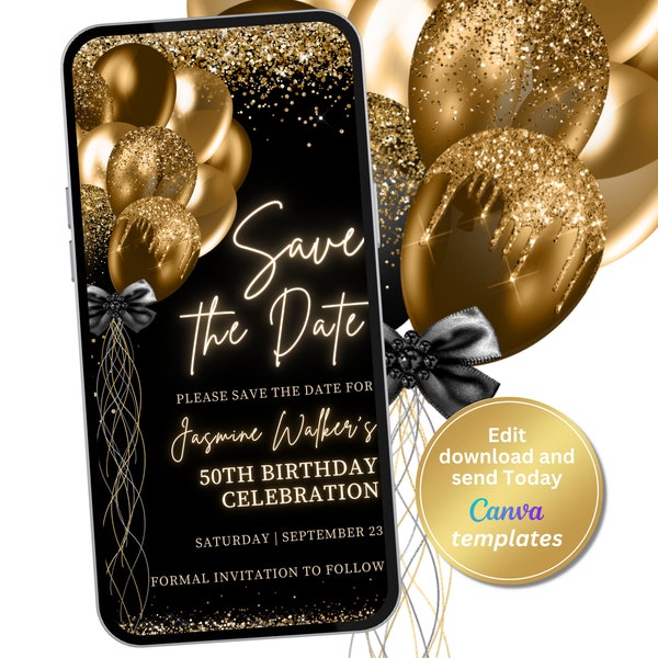 Digital Black Gold Save The Date Invitation, Invite for Womens, Phone Text Message, Digital Invite, Editable Template, Instant Download