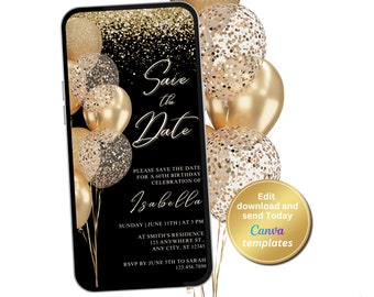 Editable Black Gold Save The Date Invitation, Birthday Invitation Template, Instant Download, Phone Evite, Phone SMS