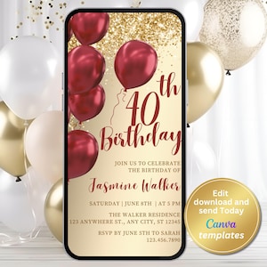 Editable Red and Gold 40th Birthday Party Invitation - Women&#39;s Birthday Party Invite, Editable for Any Age, Instant Download