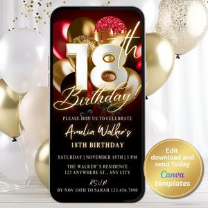 Digital 18th Birthday Party Invitation for Girl, Red Gold Invite, Phone Text Message, Digital Invite, Editable Template, Instant Download
