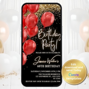 Digitale Geburtstagsfeier-Einladung, schwarz rot Gold einladen, Gold Glitter, Textnachricht, digitale Einladung, bearbeitbare Vorlage, Sofort Download