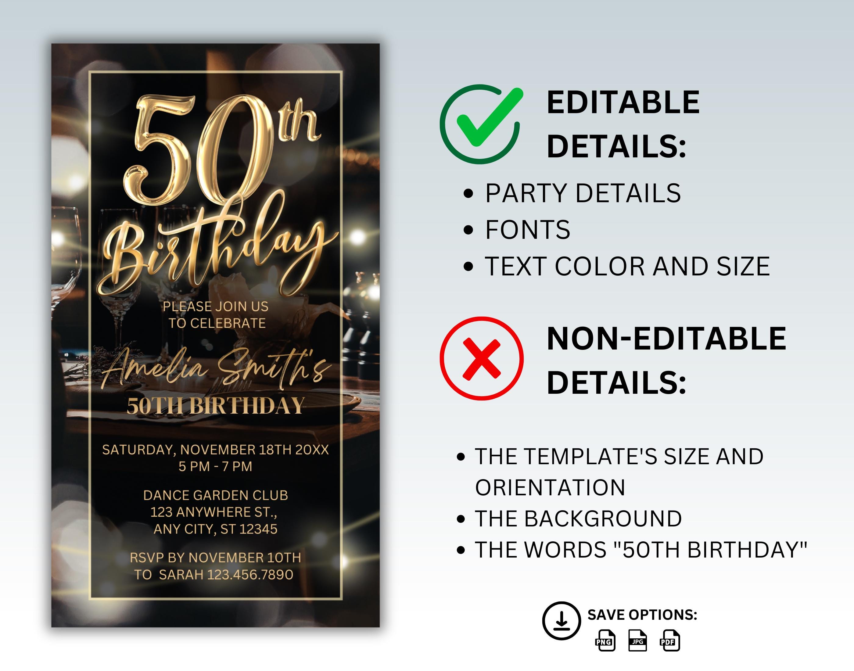 Editable Black Gold 50th Birthday Party Invite, Invitation Template ...